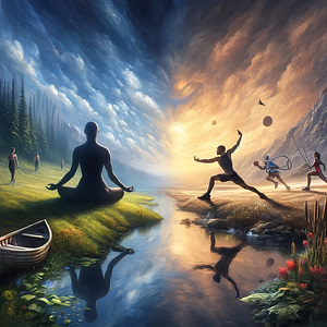Image de synthèse qui capture l'essence de l'harmonie entre les pratiques physiques et spirituelles du yoga et du sport.
